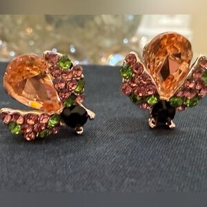 Delicate Pink and Orange Crystal Butterfly Stud Earrings